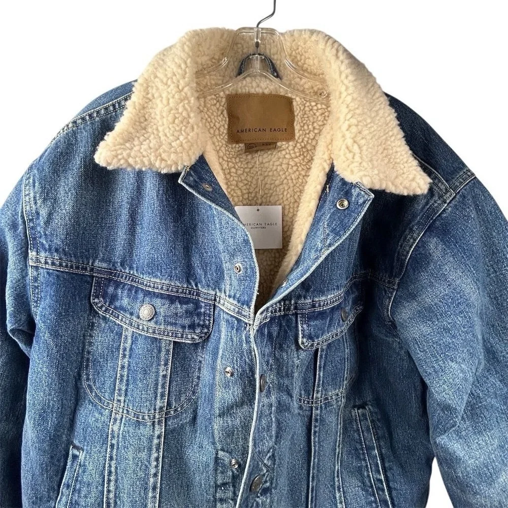 American Eagle Men's Sherpa Lined Denim Trucker Jacket Blue‎ Size M